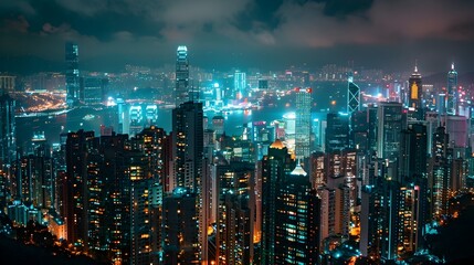 Captivating Cityscape Illuminated at Night - Towering Skyscrapers,Glittering Lights,and the Pulsing Energy of an Urban Metropolis