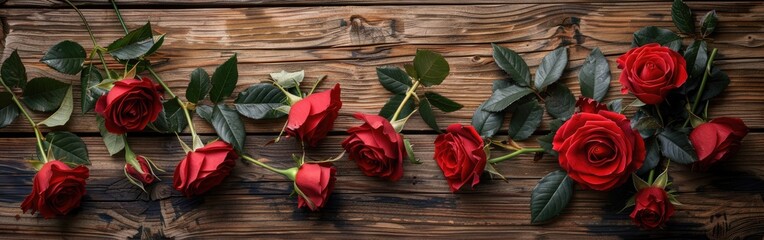 Beautiful Red Roses on a Rustic Wooden Board - Romantic Flower Arrangement for Love, Romance, and Nature Themes - Stock Photo