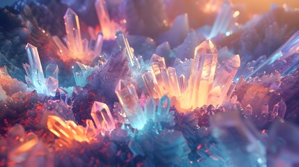 Luminous Crystal Formations in Ethereal 3D Landscape of Fantasy and Wonder