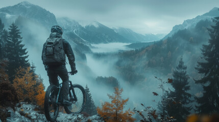 Silhouette of mountain bike rider in wild nature landscape. Mountains, forest in background. Magical misty nature. Blue illustration.