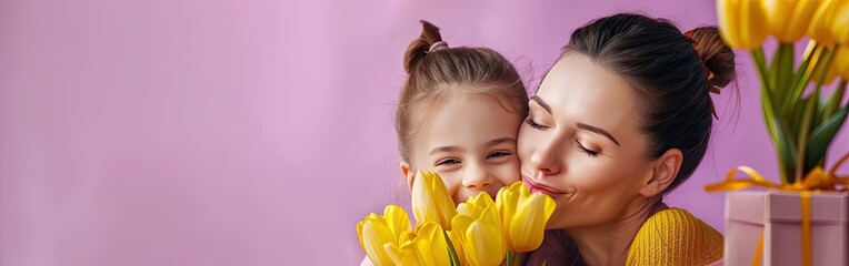 Obraz na płótnie Canvas Mother's Day Love: Daughter Hugs and Kisses Mom with Tulips and Gift Box on Purple Studio Background