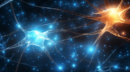 Glowing nerve cells communicate through synaptic connections 