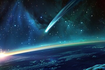 Comet Streaking Through The Night Sky, With Its Tail Stretching Across The Heavens Like a Luminous Brushstroke, Generative AI