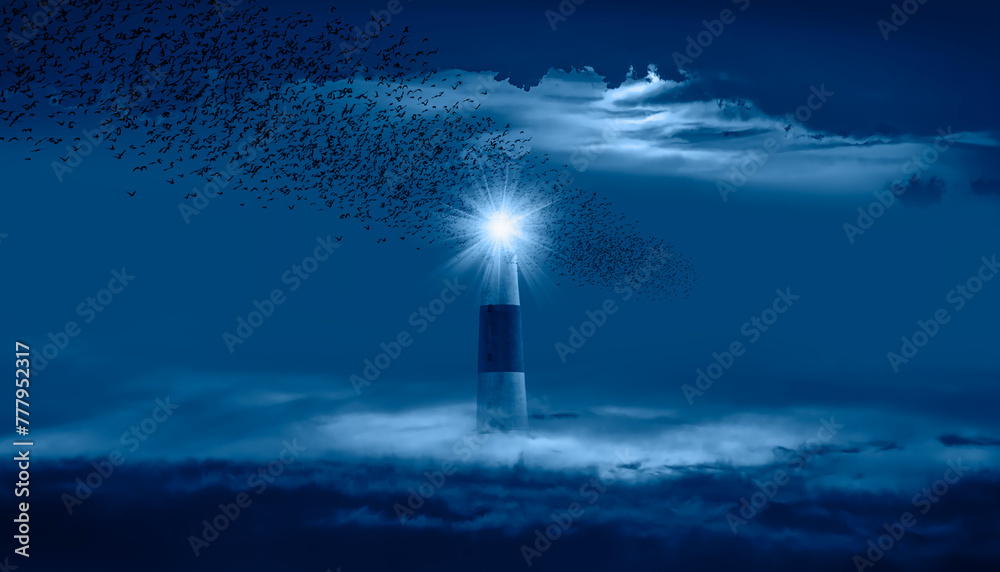 Aufkleber Flock of starlings migrating to the moon with lighthouse 