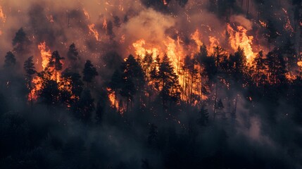 Raging Inferno Engulfs Lush Forest,Revealing the Escalating Consequences of Global Warming - obrazy, fototapety, plakaty
