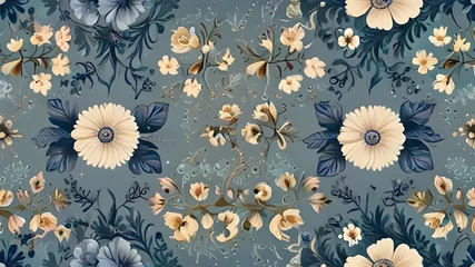 Fototapeten imagine a seamless pattern with a pretty scroll design and blue & white flowers.  Contrasting pastel background.  It has a pretty seamless floral border.  The Design must be seamless.   Photo realist © Waqas