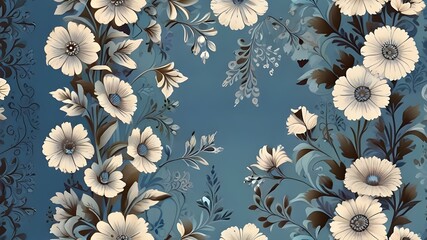 imagine a seamless pattern with a pretty scroll design and blue & white flowers.  Contrasting pastel background.  It has a pretty seamless floral border.  The Design must be seamless.   Photo realist - obrazy, fototapety, plakaty