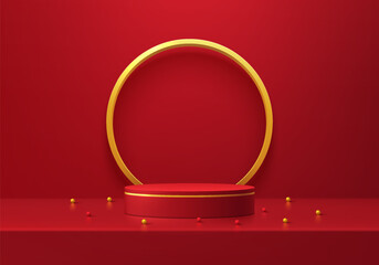 Realistic 3D red cylinder podium background with golden ring backdrop. Chinese new year concept. Minimal wall scene mockup product stage showcase, Promotion display. Abstract vector geometric forms.
