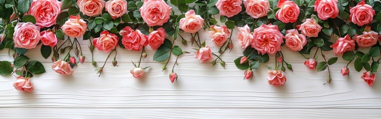 Beautiful Pink Roses Bouquet on White Wooden Background - Top View with Copy Space