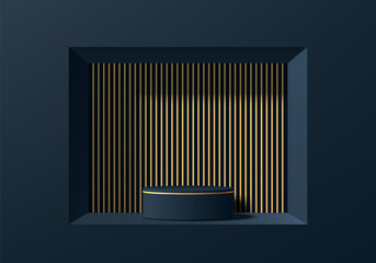 Realistic 3D dark blue cylinder podium background, Luxury gold pillars in square window scene. Minimal mockup abstract product display presentation, Stage showcase. Platforms vector geometric design.