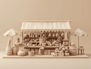 3D render clay style of a farmers market store, isolated on tan background
