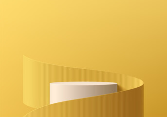 Realistic yellow 3D cylinder podium with paper swirl flow on empty studio room background.  Minimal mockup or abstract product display presentation, Stage showcase. Platforms vector geometric design.