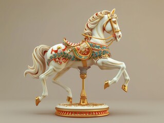 3D render style of a carousel horse, isolated on beige background