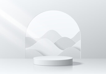 Realistic white 3D cylinder podium background with layers wavy paper cut in arch window. Minimal mockup or abstract product display presentation, Stage showcase. Platforms vector geometric design.