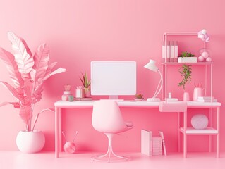 3D render style of a digital marketing agency work table, on pink backdrop