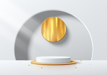 Realistic white 3D cylinder podium background with gold ring and semi circle backdrop scene. Minimal mockup or abstract product display presentation, Stage showcase. Platforms vector geometric design.