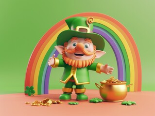 3D render style of a leprechaun with a pot, isolated on green backdrop