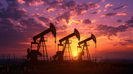 Fototapeta na wymiar oil pumpjacks against a sunset sky background. 