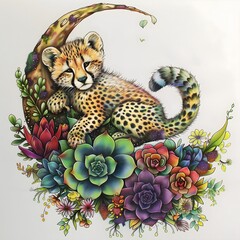 Obraz premium A baby cheetah with iridescent fur, perched on the inside of a crescent shape of its cozy branch adorned with vibrant succulents and flowers, drawn in colored pencil, outlined in black ink