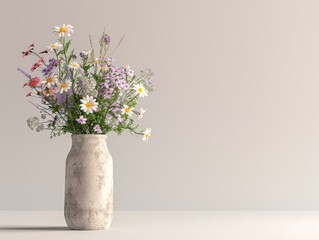 3D render style of a clay jar with wildflower, isolated on cream background, copy space