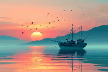  Landscape with fishing ship, sunrise and hills. Silhouette of fishing barge, shore with mountains and morning sky with birds. Vessel sailing in river or lake .Calm sea, boat, coastline and sunset sky © Ayan
