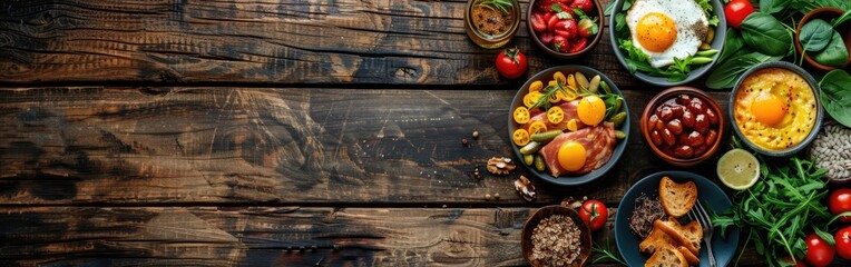 Rustic Brunch Spread for the Family: Overhead View of Breakfast Set on Wooden Table with Copy Space