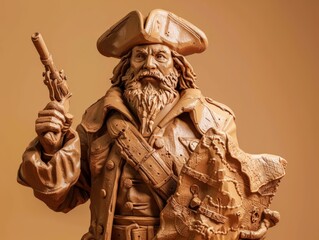3D render clay style of a pirate with gun and treasure, isolated on brown background