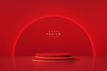Realistic red 3D cylinder podium background with glow neon semi circle shape backdrop scene. Minimal mockup or abstract product display presentation, Stage showcase. Platforms vector geometric design.