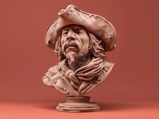 3D render clay style of a Spanish conquistador, isolated on red background - obrazy, fototapety, plakaty