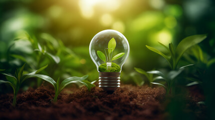 a small tree in a light bulb with leaves horticulture green  thumb and blured background - obrazy, fototapety, plakaty