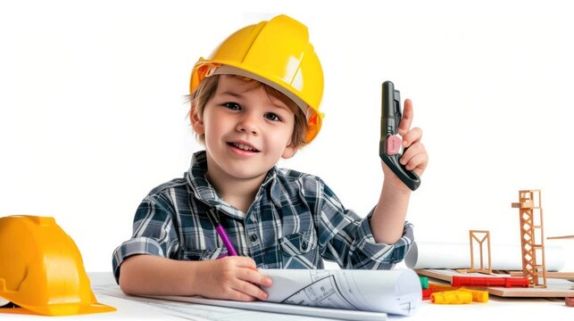 Young child wearing a hard hat, drawing on paper, with a toy walkie-talkie in hand, simulating a construction environment.