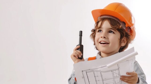 A young child dressed as a construction worker, holding a walkie-talkie and blueprints, smiling against a white background.