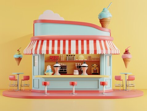 3D render style of a vintage ice cream shop, isolated on yellow background