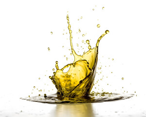 A close-up of a splash of cooking oil on a white background. Advertising and packaging design elements.