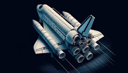 3D wireframe model of a space shuttle, showcasing the fuselage, wings, and rocket boosters