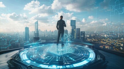 A person standing on a futuristic platform overlooking a cityscape with digital overlays and holographic interfaces under a blue sky.