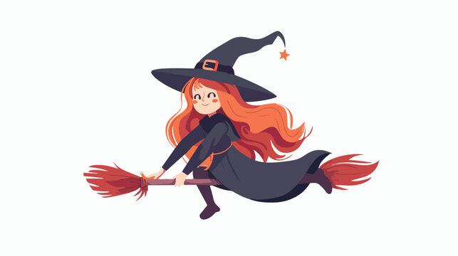 Girl in witch hat flying on broomstick. Happy fem