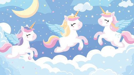 Unicorn cartoons jumping on the clouds Sky background