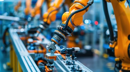 Robotic arms on a production line in a factory, showcasing modern industrial automation technology. - obrazy, fototapety, plakaty