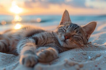 Relaxed cat at sand beach spa, soothing sounds of waves, tranquil sunsets