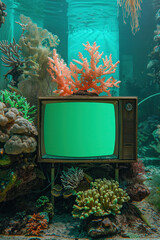 Retro television, pure green screen, submerged under the sea, vintage coral backdrop, mysterious aquatic broadcast, 3D render
