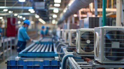Workers assembling air conditioners on a production line in a modern manufacturing plant. Industrial setting with machinery and product units.