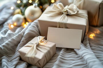 Two wrapped gifts and a card mockup near the Christmas tree on the bed