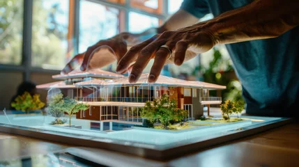 Fototapete Architect reviewing a detailed scale model of a modern residential building with surrounding landscaping, indoors with natural light. © kittikunfoto