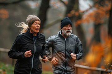 Fototapeta premium A man and a woman in tracksuits are jogging.