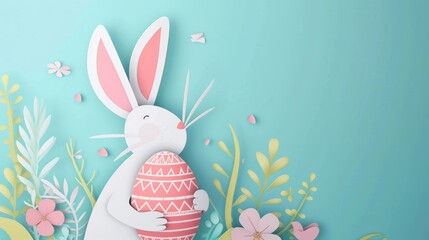 A paper rabbit is holding a colorful Easter egg and a beautiful flower to celebrate the happy event of Easter. The creative arts of plant and organism adaptation can be seen in this artwork AIG42E