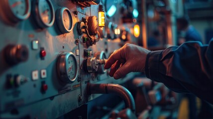 A technician adjusting knobs on a complex control panel with gauges and indicators in an industrial environment. - obrazy, fototapety, plakaty