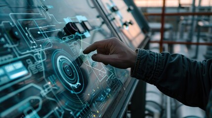 A person interacting with a futuristic holographic touch interface with digital graphics, conveying an advanced technology concept.