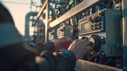 A technician is adjusting knobs on an industrial control panel during a maintenance check or calibration in a factory setting.