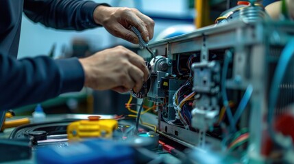Technician using a screwdriver on an electronic device with open casing surrounded by tools and wires on a workbench. - obrazy, fototapety, plakaty